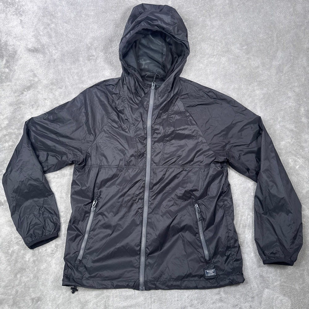 Abercrombie & Fitch Jacket Mens Medium Black Hooded Packable A-TECH Lightweight